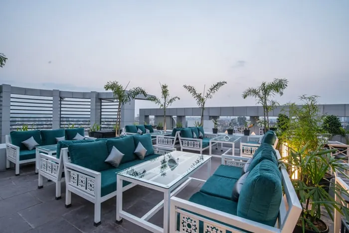 Rooftop lounge seating with sofas
